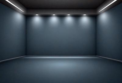 The primary subject of the image is a large, empty room with a blue wall. The setting is a dark room with a blue wall, and the visual style is a photo. The colors and mood of the image are predominantly blue, creating a calm and serene atmosphere.