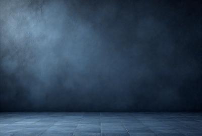 The primary subject of the image is a blue wall with a dark background. The setting is a room with a blue floor, and the visual style is a photo. The dominant colors are blue and dark, creating a moody atmosphere.