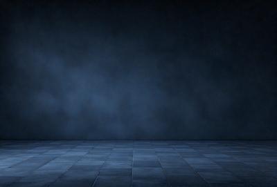 The primary subject of the image is a blue wall with a dark background. The setting is a room with a blue floor, and the visual style is a photo. The dominant colors are blue and dark, creating a moody atmosphere.