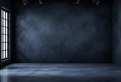 The primary subject of the image is a large, empty room with a blue wall. The setting is a darkened room, possibly a theater or a studio. The visual style is a black and white photo, which adds a dramatic and artistic touch to the scene. The colors and mood of the image are predominantly dark and moody, creating a sense of mystery and depth.