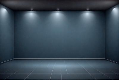 The primary subject of the image is a large, empty room with a blue wall. The setting is a dark room with a blue background, and the visual style is a photo. The room appears to be a theater or a large auditorium, with a sense of emptiness and a somewhat moody atmosphere.