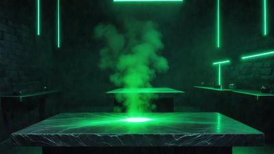 The primary subject of the image is a green fog or smoke, which is emanating from a surface. The setting appears to be a room with a table, and the visual style is a combination of photo and digital art. The dominant colors in the image are green and white, creating a somewhat eerie atmosphere.