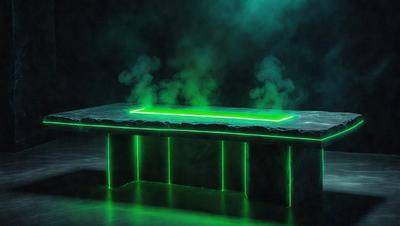 The primary subject of the image is a green neon table. The table is placed on a surface with a green background, giving it a futuristic and unique appearance. The visual style of the image is a combination of digital art and illustration, creating a striking and eye-catching scene. The colors and mood of the image are predominantly green, with a hint of blue, giving it a vibrant and lively atmosphere.