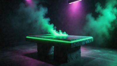 The primary subject of the image is a large, green neon table with a purple background. The table appears to be a part of a futuristic setting, possibly a nightclub or a high-tech event. The visual style of the image is a combination of digital art and illustration, creating a unique and captivating atmosphere. The dominant colors in the image are green and purple, which contribute to the futuristic and vibrant mood of the scene.