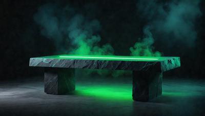 The primary subject of the image is a green neon bench. The bench is placed on a surface with a green foggy background, creating a unique and eye-catching visual effect. The overall atmosphere of the image is mysterious and intriguing, with the combination of the neon bench and the foggy background evoking a sense of wonder and curiosity.