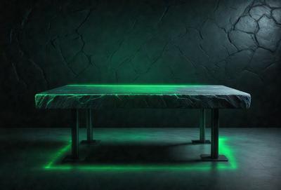 The primary subject of the image is a green table with a green glow. The table is placed on a dark surface, which adds to the overall atmosphere of the scene. The visual style of the image is a combination of a photo and digital art, creating a unique and captivating display. The colors and mood of the image are predominantly dark and moody, with the green glow of the table providing a contrasting and eye-catching element.