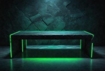 The primary subject of the image is a green bench with a blue seat. The bench is situated in a room with a stone wall, giving it a unique and interesting appearance. The setting appears to be a dark room, possibly a cave or a futuristic space, which adds to the overall atmosphere of the image. The visual style of the image is a combination of photo and digital art, creating a striking and eye-catching scene. The dominant colors of the image are green and blue, which contribute to the overall mood and