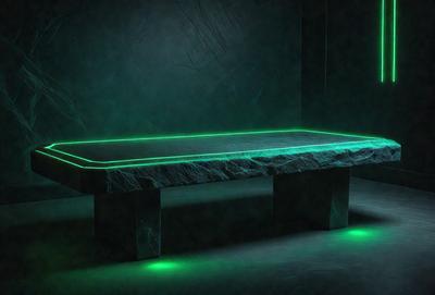The primary subject of the image is a large, green neon table. The table is situated in a dark room, which adds to the overall mood of the scene. The visual style of the image is a combination of digital art and illustration, as the neon table appears to be a digital creation. The colors and mood of the image are predominantly dark and moody, with the green neon table being the main focal point.