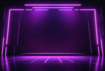 The primary subject of the image is a purple stage with a purple curtain. The setting is a dark room, and the visual style appears to be a digital art or illustration. The dominant colors in the image are purple and black, creating a moody and dramatic atmosphere.