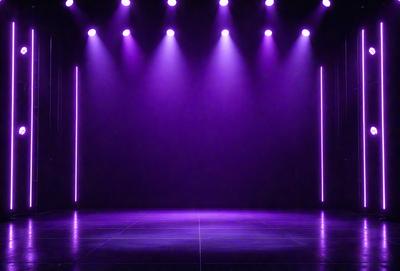 The primary subject of the image is a purple stage with a purple background. The setting is a theater or a stage, and the visual style is a photo. The dominant colors in the image are purple and white, creating a moody and dramatic atmosphere.