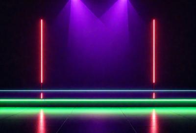 The primary subject of the image is a purple and green lighted stage. The stage is illuminated with purple and green lights, creating a unique and eye-catching atmosphere. The setting is a dark room, which further emphasizes the stage's vibrant colors. The visual style of the image is a combination of digital art and illustration, as the stage appears to be a digital creation with a hand-drawn feel. The colors and mood of the image are energetic and captivating, with