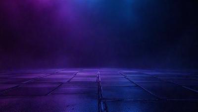 The primary subject of the image is a purple and blue floor, which appears to be a tiled surface. The setting is a dark room, and the visual style is a close-up of the floor. The colors and mood of the image are predominantly purple and blue, creating a calm and serene atmosphere.