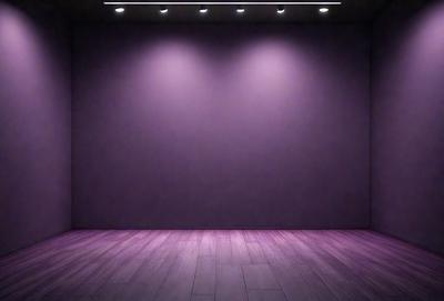 The primary subject of the image is a purple wall with a light shining on it. The setting is a dark room with a wooden floor. The visual style is a photo, and the dominant colors are purple and black. The overall atmosphere is moody and dramatic.