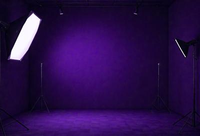 The primary subject of the image is a purple wall with two lights shining on it. The setting is a dark room with a purple background. The visual style is a photo, and the colors and mood are dominated by purple, creating a moody and dramatic atmosphere.
