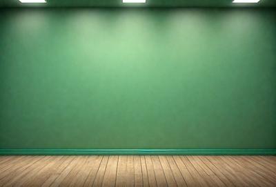 The primary subject of the image is a large green wall. The setting is a room with a wooden floor. The visual style is a photo, and the colors and mood are predominantly green, creating a calm and serene atmosphere.