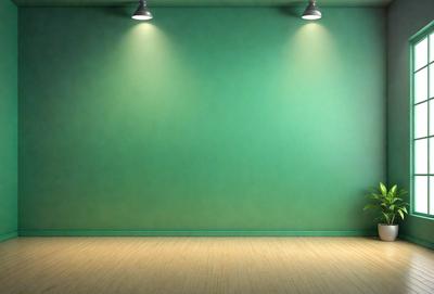 The primary subject of the image is a green wall with two lights hanging from it. The setting is a room with a wooden floor. The visual style is a photo, and the dominant colors are green and white. The overall atmosphere is clean and minimalistic.