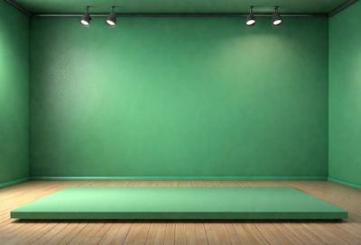 The primary subject of the image is a green wall with a green background. The setting is a room with a wooden floor. The visual style is a photo, and the colors and mood are predominantly green, creating a calm and serene atmosphere.