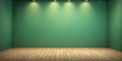 The primary subject of the image is a green wall with a wooden floor. The setting is a room with a green wall, and the visual style is a photo. The dominant colors are green and brown, creating a calm and natural atmosphere.