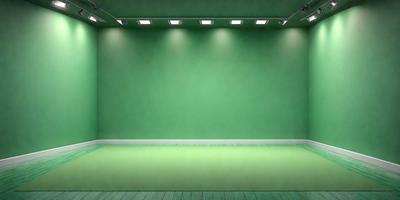 The primary subject of the image is a green wall with a green floor. The setting is a large, empty room with a green background. The visual style is a photo, and the colors and mood are predominantly green, creating a calm and serene atmosphere.