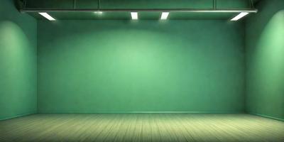 The primary subject of the image is a large green wall with a white background. The setting is a room with a wooden floor. The visual style is a photo, and the dominant colors are green and white. The overall atmosphere is clean and minimalistic.