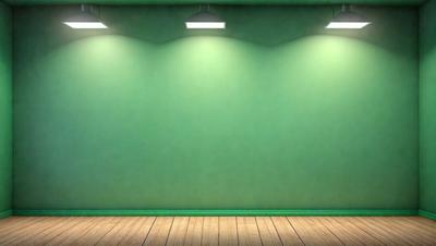 The primary subject of the image is a green wall with a white border. The setting is a room with a wooden floor. The visual style is a photo, and the dominant colors are green and white. The overall atmosphere is clean and minimalistic.