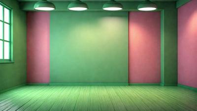 The primary subject of the image is a green wall with a pink background. The setting is a room with a green floor, and the visual style is a photo. The dominant colors are green and pink, creating a vibrant and lively atmosphere.