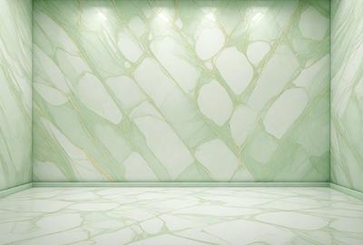 The primary subject of the image is a marble wall with a green and white pattern. The setting is a room with a white floor, and the visual style is a photo. The dominant colors are green and white, creating a calm and sophisticated atmosphere.