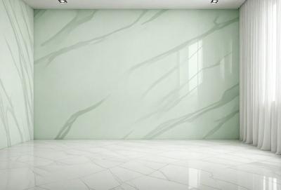 The primary subject of the image is a white wall with a green tint. The setting is a room with a large window, and the visual style is a photo. The colors and mood of the image are predominantly white and green, creating a clean and serene atmosphere.