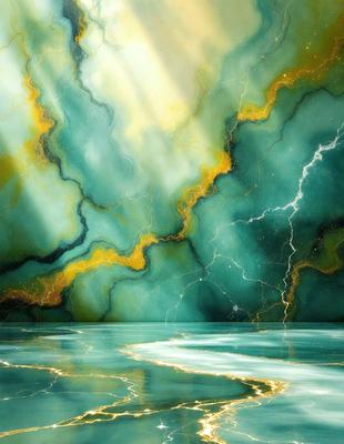 The primary subject of the image is a painting of a blue and yellow ocean with lightning bolts. The setting is a painting of a blue and yellow ocean with lightning bolts. The visual style is a painting of a blue and yellow ocean with lightning bolts. The dominant colors and overall atmosphere are blue and yellow with a sense of energy and movement due to the lightning bolts.