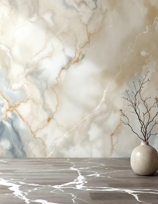 The primary subject of the image is a vase with a branch in it, placed on a table. The setting is a room with a marble wall, which serves as the backdrop for the scene. The visual style is a photo, capturing the natural light and texture of the marble wall. The colors and mood of the image are predominantly neutral, with the marble wall and the branch providing a sense of calm and elegance.
