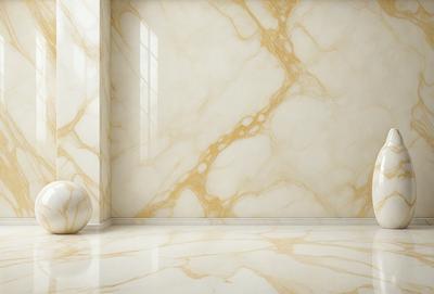 The primary subject of the image is a marble wall with a white and yellow color scheme. The setting is a room with a white floor, and the visual style is a photo. The colors and mood of the image are predominantly white and yellow, creating a clean and warm atmosphere.