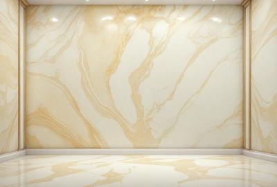 The primary subject of the image is a large, marble-like wall with a patterned design. The setting is a room with a white floor, and the visual style appears to be a combination of a photo and digital art. The colors and mood of the image are predominantly white and neutral, creating a clean and elegant atmosphere.