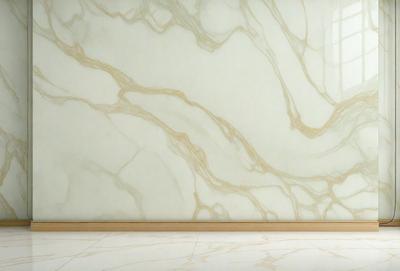 The primary subject of the image is a marble wall with a patterned design. The setting is a room with a white floor, and the visual style is a photo. The colors and mood of the image are predominantly white, giving it a clean and elegant appearance.