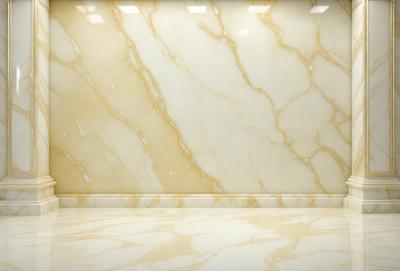 The primary subject of the image is a marble wall with a patterned design. The setting is a room with a white marble floor. The visual style is a photo of the marble wall, showcasing its intricate design. The colors and mood of the image are predominantly white, giving it a clean and elegant appearance.