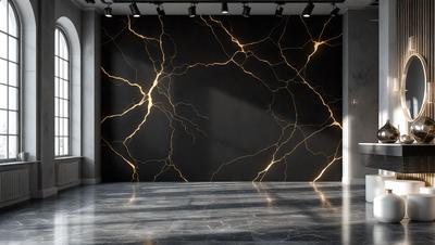 The primary subject of the image is a large, black and gold wall with a unique, textured design. The setting is a room with a hardwood floor, and the visual style appears to be a combination of a photo and digital art. The dominant colors in the image are black and gold, creating a striking and elegant atmosphere.