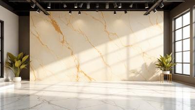 The primary subject of the image is a marble wall with a yellowish hue. The setting is a room with a window, and the visual style appears to be a photo. The colors and mood of the image are predominantly yellow and warm, creating a sense of warmth and natural beauty.