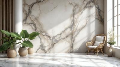 The primary subject of the image is a marble wall with a large window behind it. The setting is a room with a chair and a potted plant. The visual style is a photo, and the colors and mood are predominantly white, giving the room a clean and elegant appearance.