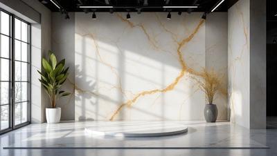 The primary subject of the image is a large, white marble wall with a gold-colored design. The setting is a room with a window, and the visual style appears to be a photo. The colors and mood of the image are predominantly white and gold, creating a luxurious and elegant atmosphere.
