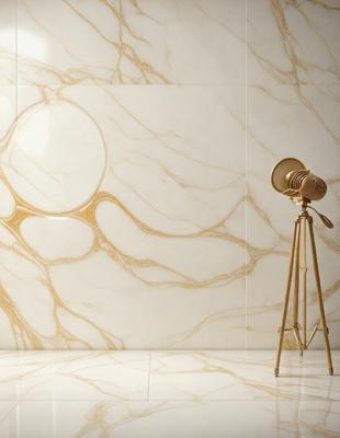 The primary subject of the image is a gold-colored lamp with a white shade, placed on a white marble countertop. The setting is a bathroom, with a white marble wall and a white marble floor. The visual style is a photo, capturing the details of the lamp and the marble countertop. The colors and mood of the image are predominantly white, giving it a clean and elegant appearance.