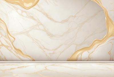 The primary subject of the image is a marble countertop with a gold-colored design. The setting is a bathroom, with the countertop being the main focus of the scene. The visual style is a combination of a photo and digital art, creating a unique and elegant appearance. The dominant colors are gold and white, giving the countertop a luxurious and sophisticated look.
