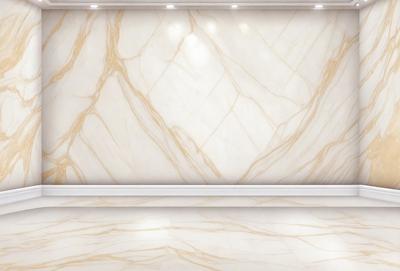 The primary subject of the image is a marble wall with a patterned design. The setting is a room with a white floor, and the visual style is a photo. The colors and mood of the image are predominantly white, giving it a clean and elegant appearance.