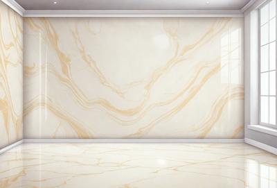The primary subject of the image is a large, marble-like wall with a patterned design. The setting is a room with a white marble floor, and the visual style appears to be a combination of a photo and digital art. The colors and mood of the image are predominantly white and neutral, creating a clean and elegant atmosphere.