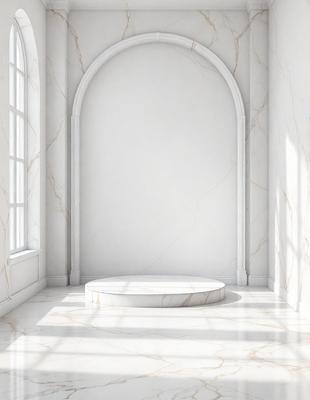 The primary subject of the image is a white marble wall with a large archway. The setting is a room with a white marble floor. The visual style is a photo, and the colors and mood are predominantly white, giving the room a clean and elegant appearance.