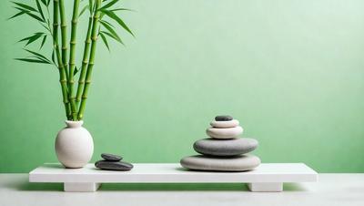 The primary subject of the image is a white vase with a potted plant in it, placed on a white table. The setting is a green wall, which serves as the background. The visual style is a photo, capturing the natural elements of the plant and the vase. The colors in the image are predominantly green, with the potted plant and the green wall, creating a calm and serene atmosphere.