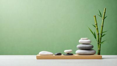 The primary subject of the image is a wooden tray with a variety of rocks and a potted plant on it. The setting is a green wall, which serves as the background for the scene. The visual style is a photo, capturing the natural elements and textures of the rocks and the plant. The colors and mood of the image are predominantly earthy tones, creating a calming and natural atmosphere.