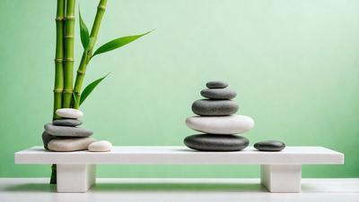 The primary subject of the image is a white table with a stack of rocks on it. The setting is a green wall, which serves as the background. The visual style is a photo, capturing the natural elements of the scene. The colors and mood of the image are predominantly green, with the rocks and the green wall creating a serene and natural atmosphere.