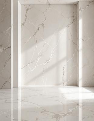 The primary subject of the image is a marble wall with a white marble texture. The setting is a room with a window, and the visual style is a photo. The colors and mood of the image are predominantly white, giving it a clean and elegant appearance.