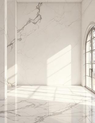 The primary subject of the image is a large, white marble wall. The setting is a room with a window, and the visual style is a photo. The colors and mood of the image are predominantly white, giving it a clean and minimalist appearance.