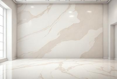 The primary subject of the image is a large, white marble wall with a patterned texture. The setting is a room with a white floor, and the visual style appears to be a photo. The colors and mood of the image are predominantly white, giving it a clean and elegant appearance.