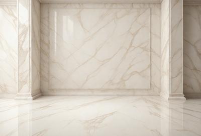 The primary subject of the image is a marble wall with a white tiled floor. The setting is a room with a white marble wall and a white tiled floor. The visual style is a photo, and the colors and mood are predominantly white, giving the room a clean and elegant appearance.